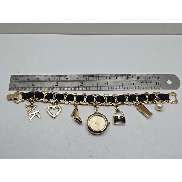 Anne Klein Charm Bracelet Watch Gold Tone Black Chain Purse Charms New Battery - Picture 7 of 9